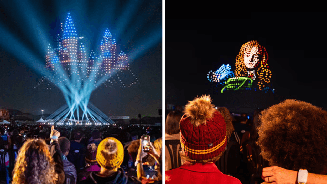 Des gens devant une image de Poudlard faite de drones lumineux. Droite : Hermione dans Harry Potter.