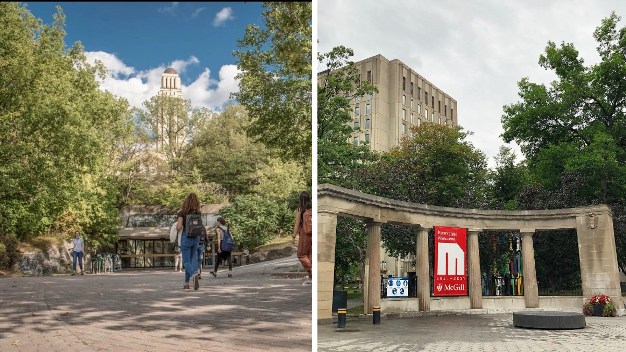 Des gens marchent sur le campus de l'Université de Montréal. Droite : L'entrée principale du campus de l'Université McGill.