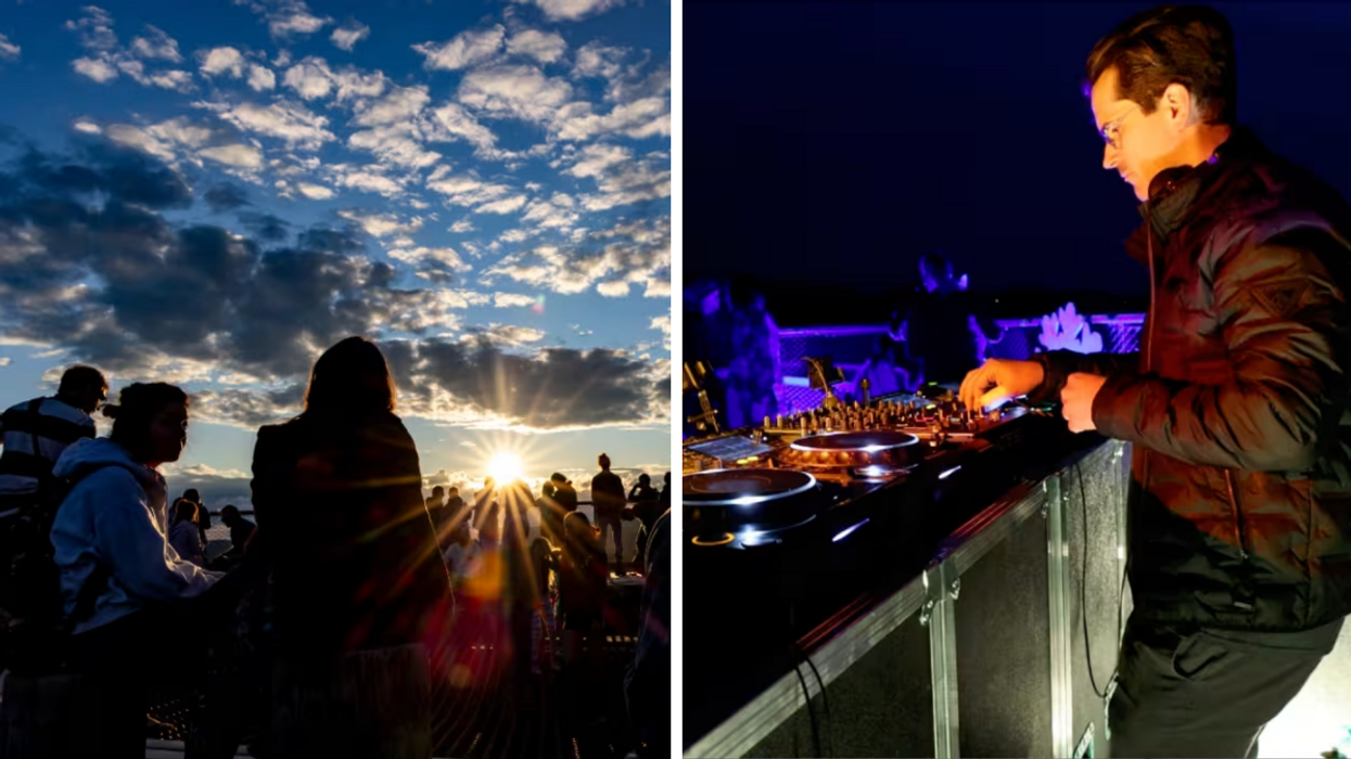 Des gens qui font le party au coucher du soleil. Droite : Un DJ.