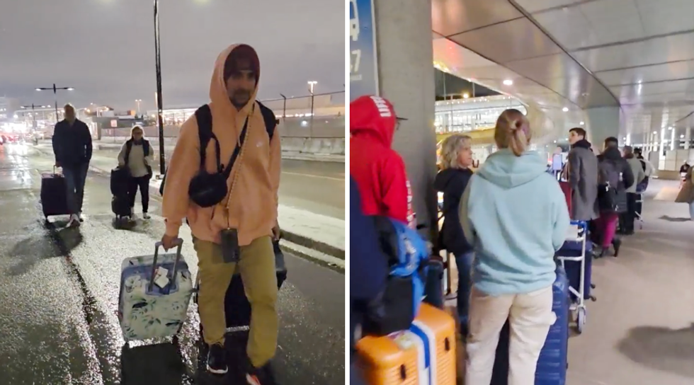 Des gens qui marchent. Droite : une file d'attente.