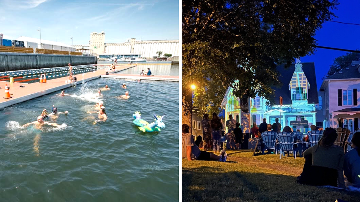 Des gens qui se baignent à Québec. Droite : Projections lumineuses sur une maison à Lévis.