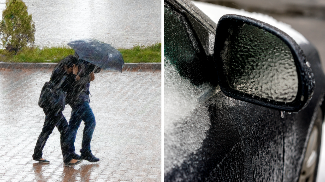Des gens sous la pluie. Droite : Du gel sur une voiture.
