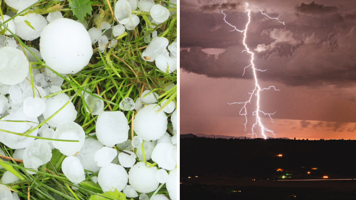 Des grêlons. Droite : De l'orage.
