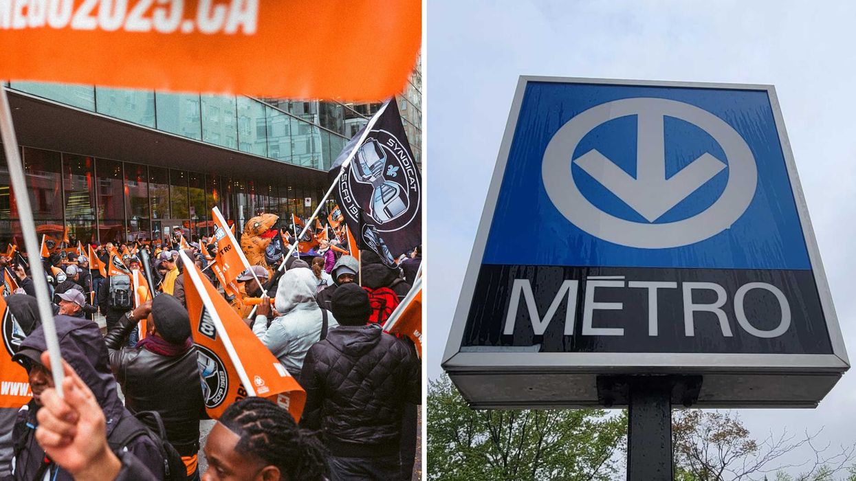 Des grévistes. Droite : le signe de la STM.