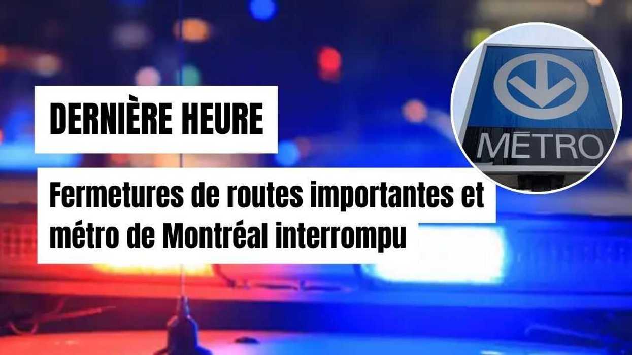 Des gyrophares du Service de police de la Ville de Montréal et l'enseigne du métro de Montréal.