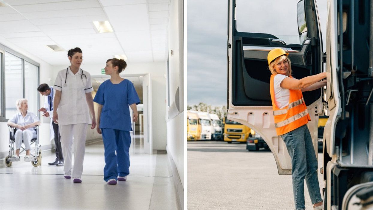 Des infirmières marchent dans un corridor d'hôpital. Droite : une camionneuse prend la pose en se tenant sur la marche de son camion.