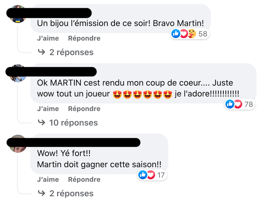 Des internautes complimentent le jeu de Martin Vachon sur Facebook.