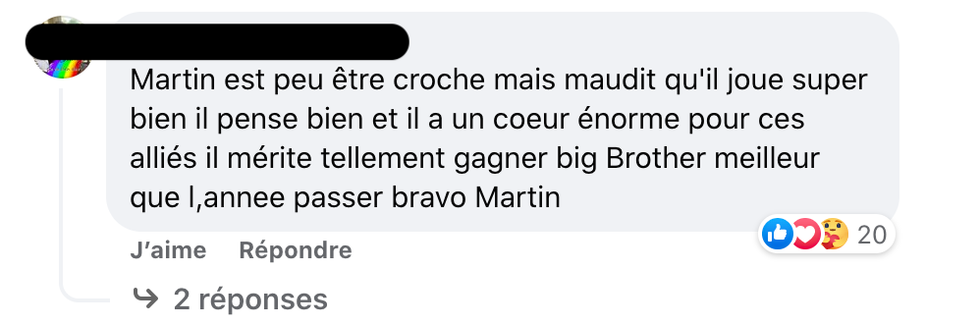 Des internautes complimentent le jeu de Martin Vachon sur Facebook.