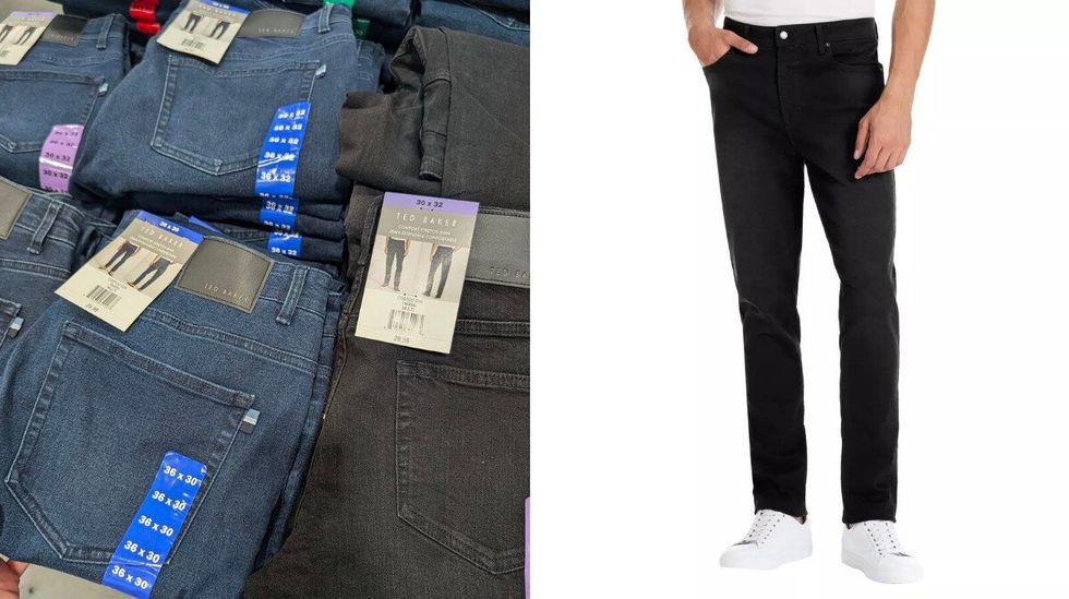 Des jeans bleus et noirs dans le rayon des v\u00eatements chez Costco. Droite : un mannequin qui porte le mod\u00e8le noir.