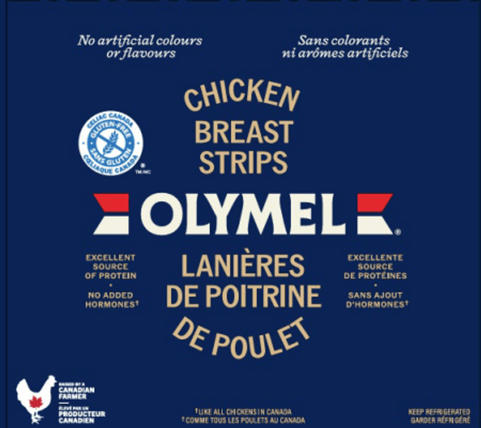 Des lani\u00e8res de poitrine de poulet Olymel.
