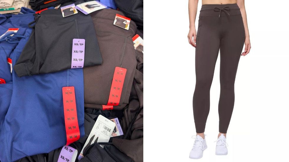Des leggings bleus, noirs et bruns de marque Lol\u00eb vendus dans le rayon des v\u00eatements chez Costco. Droite : une mannequin qui porte le mod\u00e8le brun.