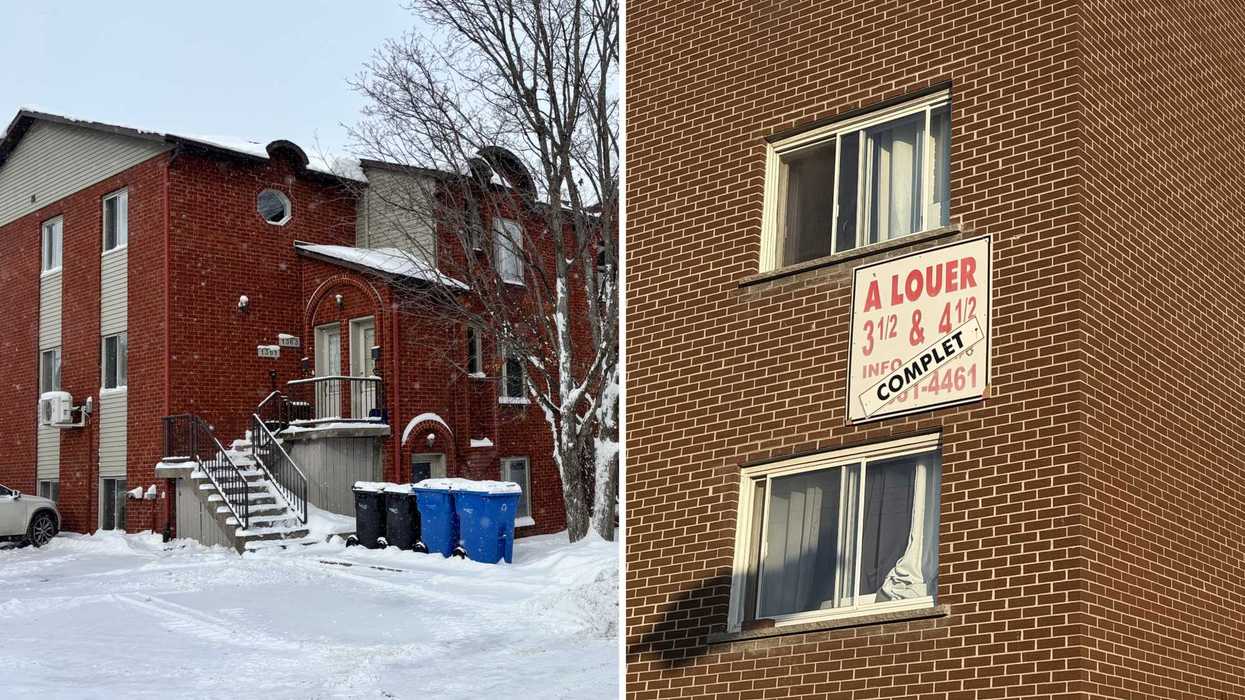 Des logements. Droite : une affiche « à louer ».