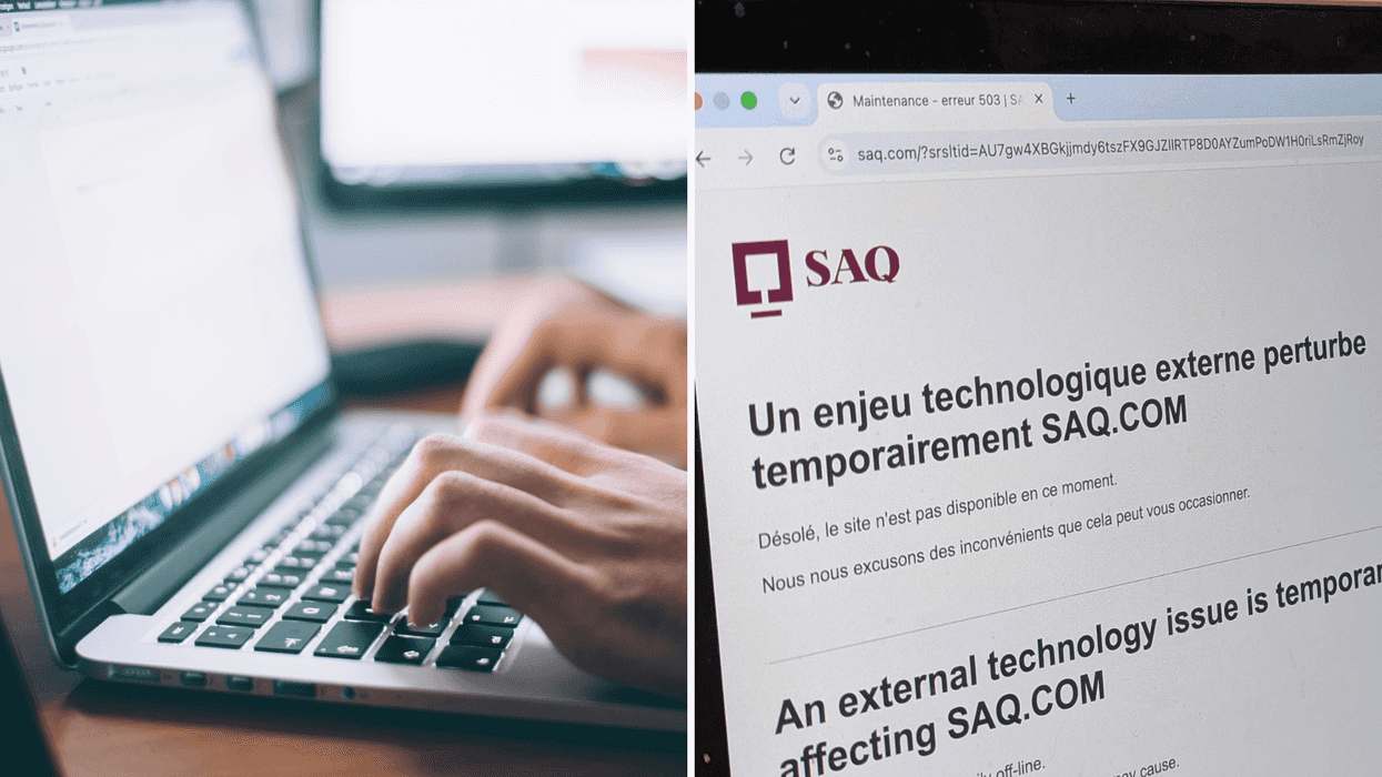 Des mains qui pianotent sur un clavier d'ordinateur. Droite : Le site Web de la SAQ lors de la faille de sécurité du 21 octobre 2026.