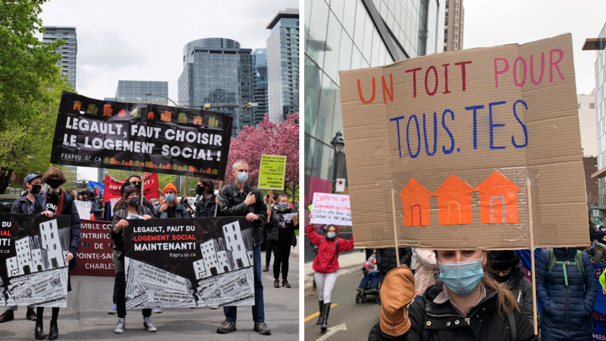 Des manifestant.es brandissent des pancartes avec des slogans lors de la manifestation pour le droit au logement de FRAPRU.