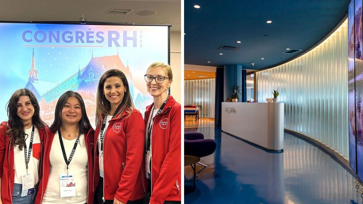 Des membres du personnel de Croesus. Droite : Les bureaux de FlightHub à Montréal.
