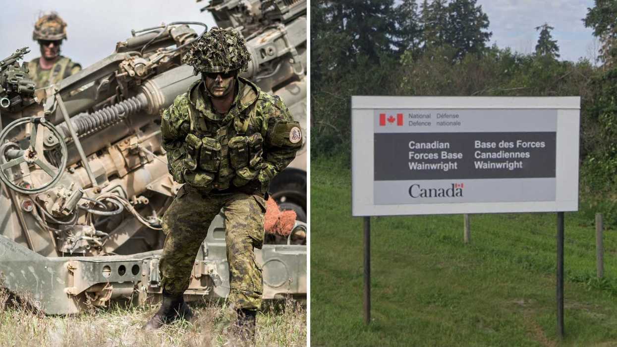 Des militaire. Droite : une entrée de base militaire.