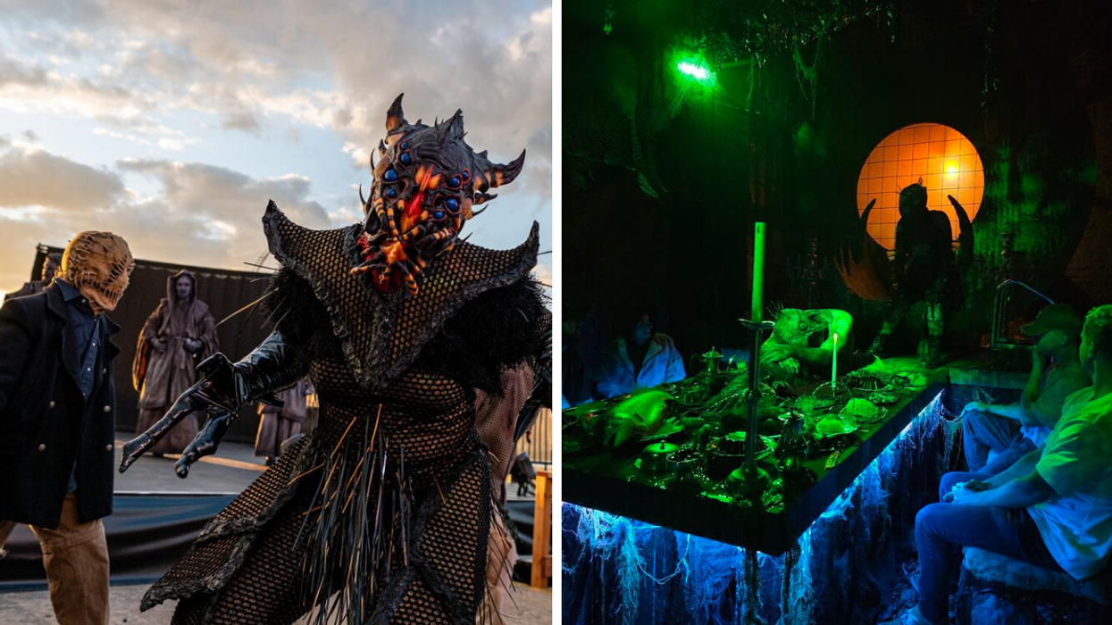 Des monstres du Festival de la Frayeur à La Ronde. Droite : Une des salles du parcours de Malefycia ZOO.