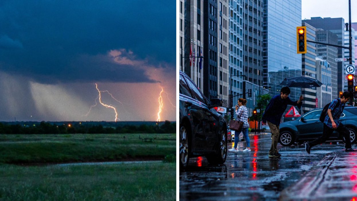 Des orages. Droite : De la pluie à Montréal.