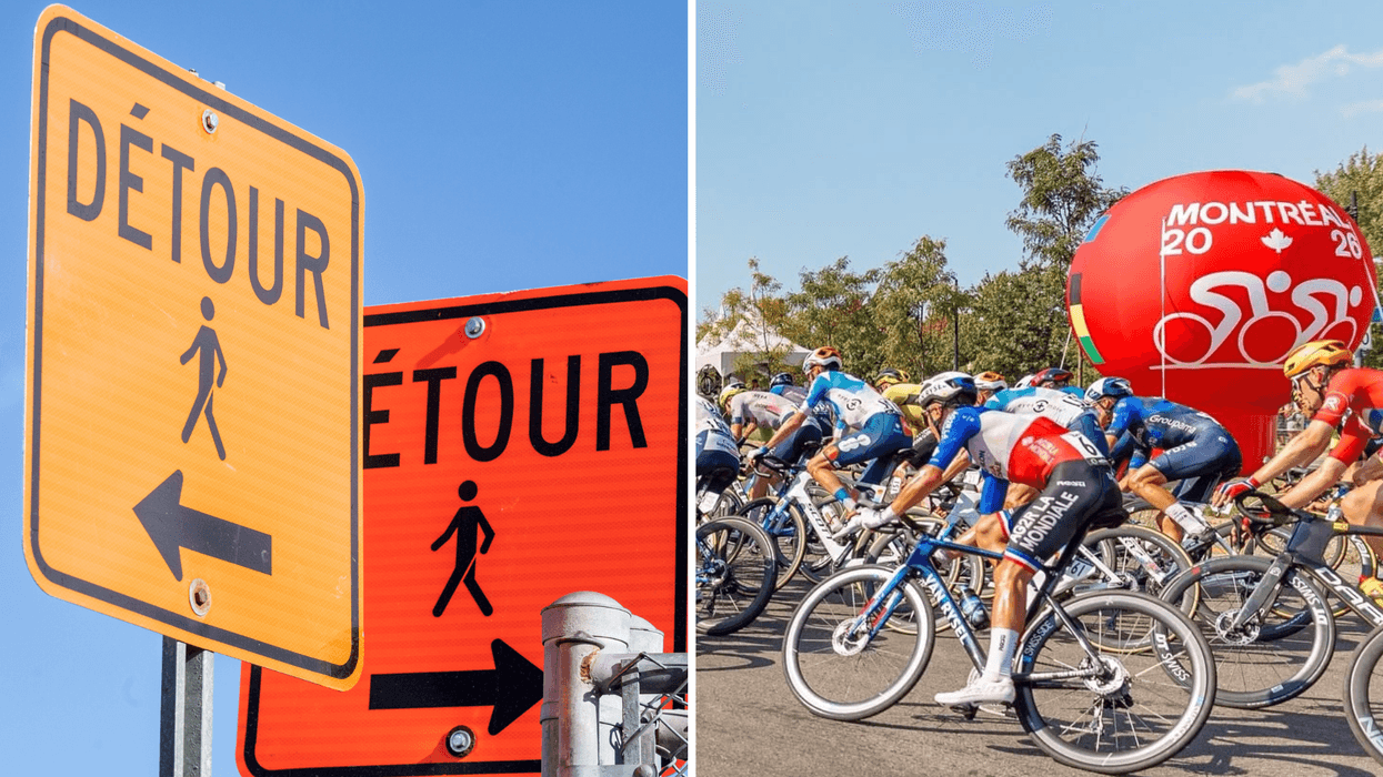 Des pancartes « détour ». Droite : Des cyclistes lors des Championnats du Monde Route UCI 2026.