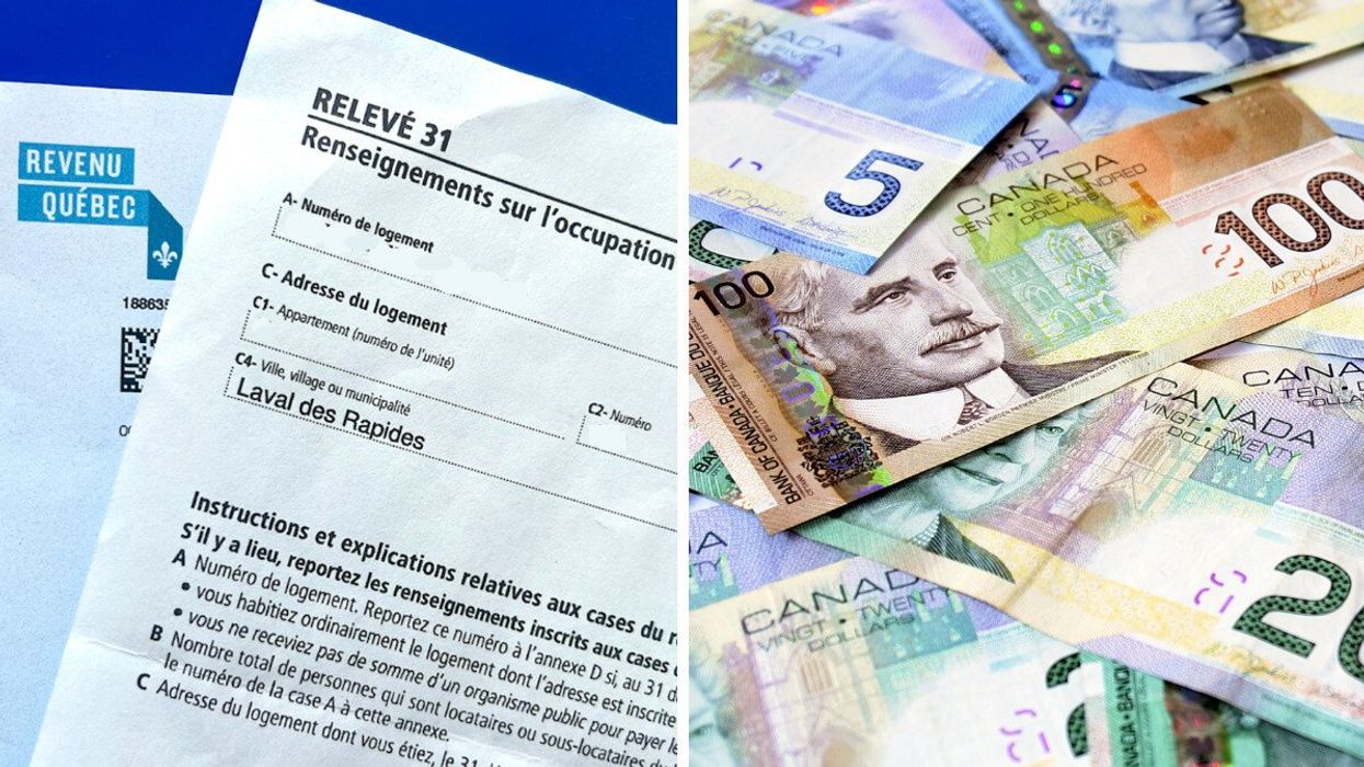 Des papiers de Revenu Québec et le Relevé 31. Droite : des billets d'argent étalés sur une surface plane.