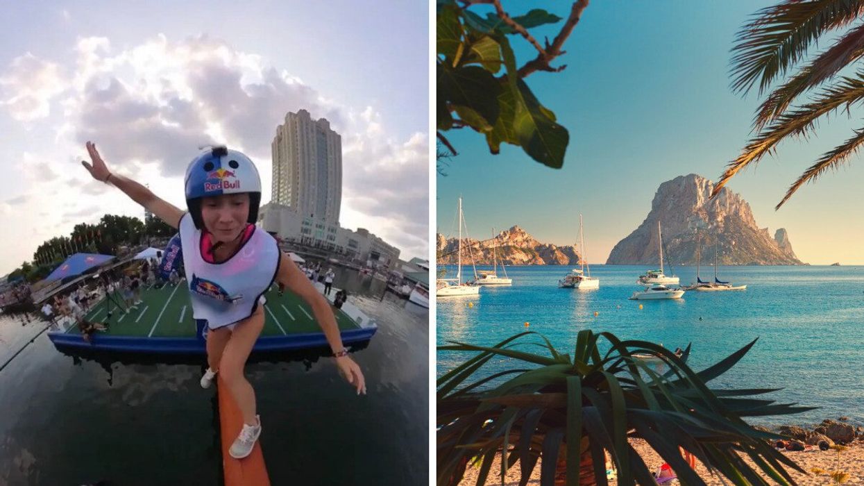 Des participantes lors d'une course à obstacles. Droite : Une plage à Ibiza