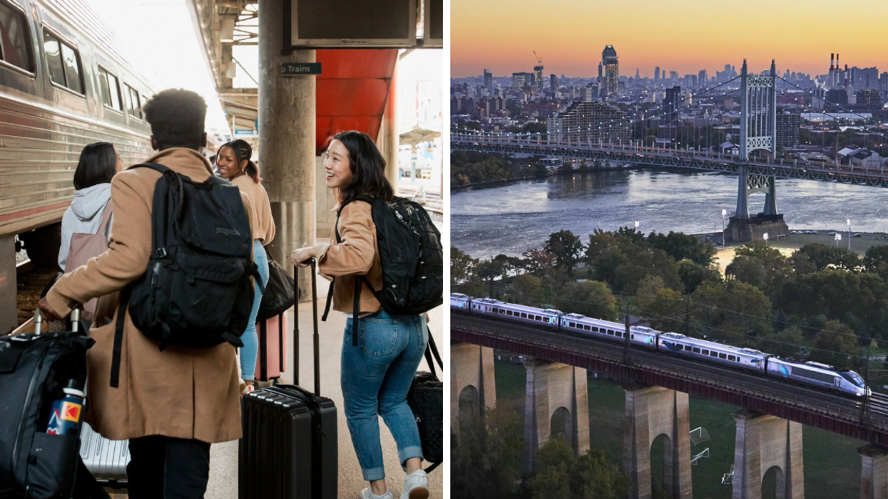 Des passagers. Droite : Un train à New York.