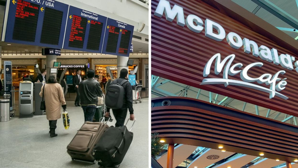Des personnes à l'aéroport de Montréal. Droite : Façade d'un resto McCafé.