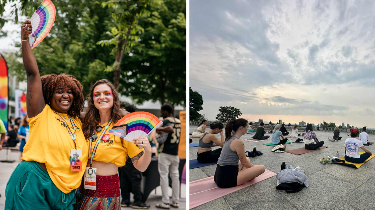 Des personnes à la Fierté Montréal. Droite : Des personnes qui font du yoga sur le belvédère du Mont-Royal.