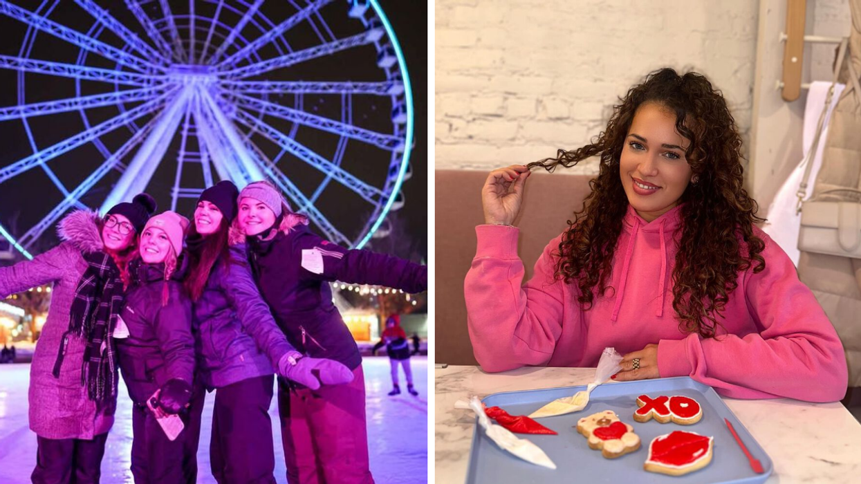 Des personnes à la patinoire du Vieux-Port de Montréal. Droite : Une personne au café La Chouette à Montréal.