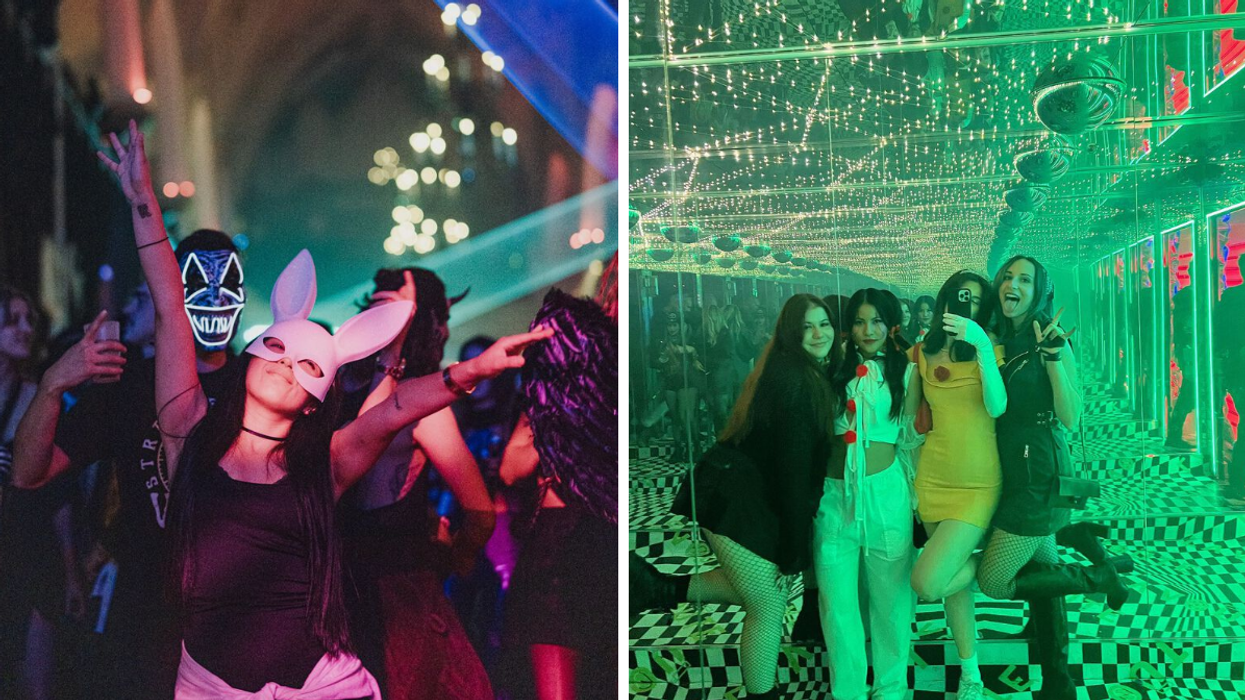 Des personnes à la rave Requiem. Droite : Des personnes au party d'Halloween de La Voûte.