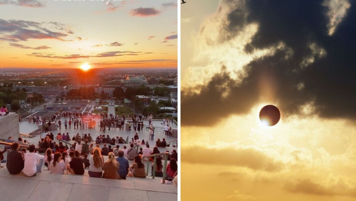 Des personnes assise dans les marche de l'Oratoire Saint-Joseph devant le coucher du soleil. Droite : Une éclipse solaire.