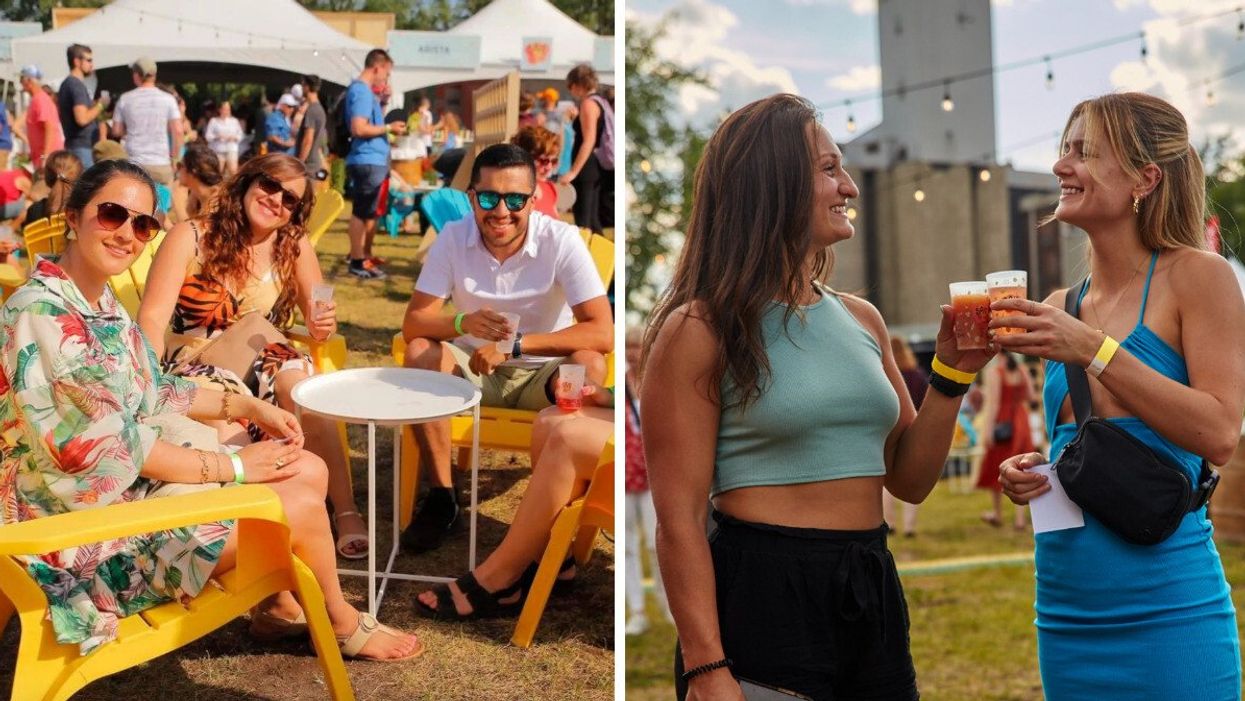 Des personnes assises dans des chaises colorées un verre à la main. Droite : Deux femmes et leurs verres de cidre.
