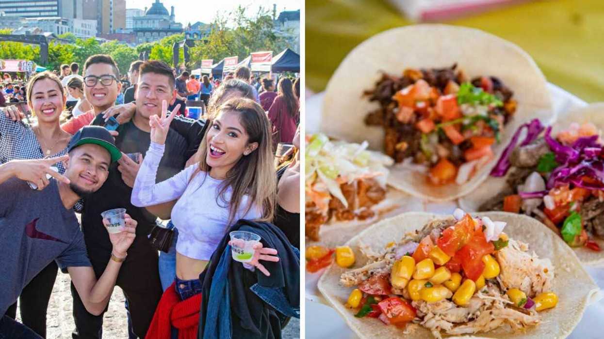 Des personnes au Taco Fest. Droite : Plusieurs variétés de tacos.