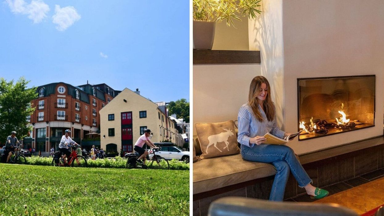 Des personnes circulent à vélo devant des bâtiments dans le Vieux-Québec. Droite : une personne lit un magazine dans un lobby d'hôtel à côté d'un feu de foyer.