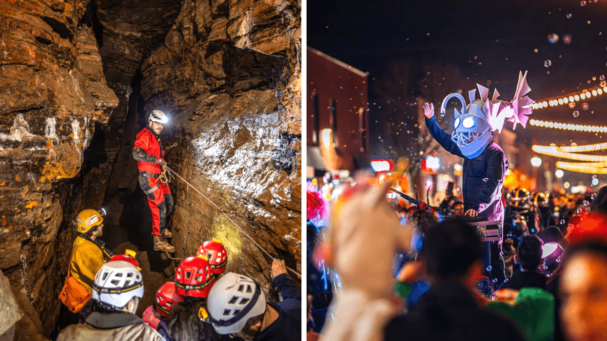 Des personnes dans une grotte à Montréal. Droite : Un festival d'Halloween.