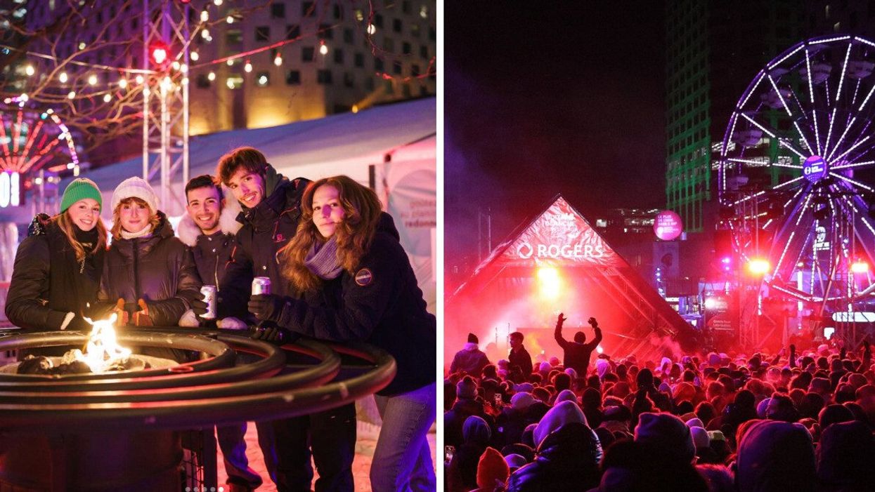 Des personnes devant un feu à l'extérieur. Droite : La foule devant la Station DJ Rogers à Montréal en Lumière.