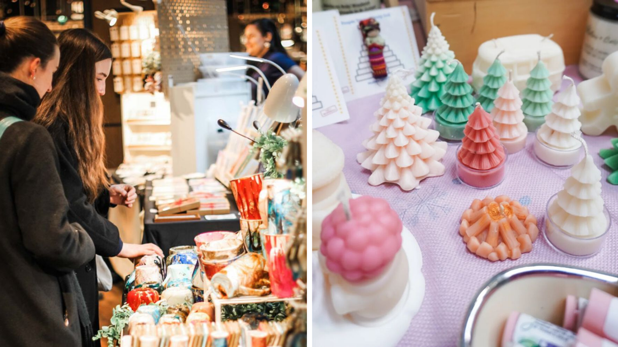 Des personnes devant un kiosque d'un marché du Collectif Créatif Montréal. Droite : Des chandelles pastels à vendre à un marché du Collectif Créatif Montréal.