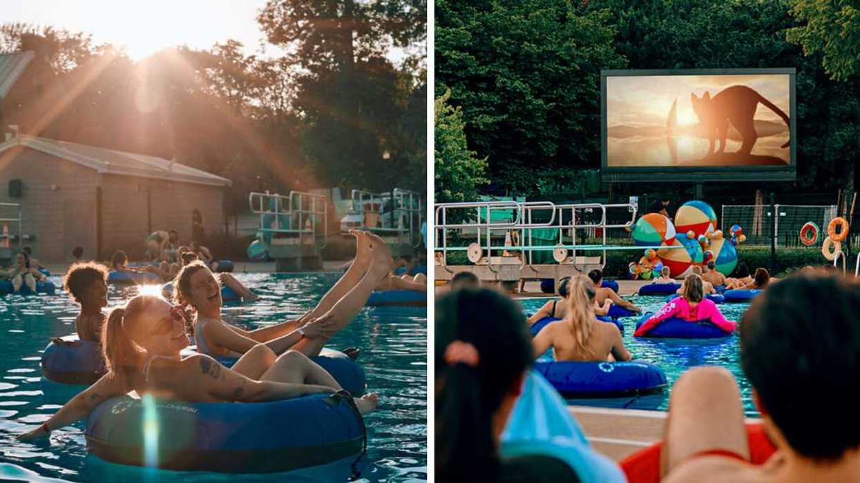 Des personnes flottent dans leur bouée au parc Jean-Drapeau. Droite : le cinéma flottant du parc Jean-Drapeau.