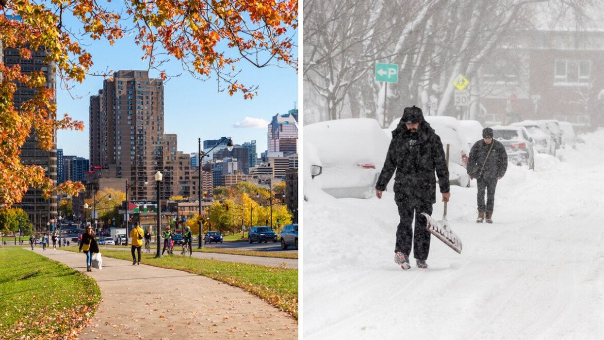 Des personnes marchent à Montréal pendant une journée d'automne. Droite: des personnes marches dans la neige dans une rue enneigée à Montréal.
