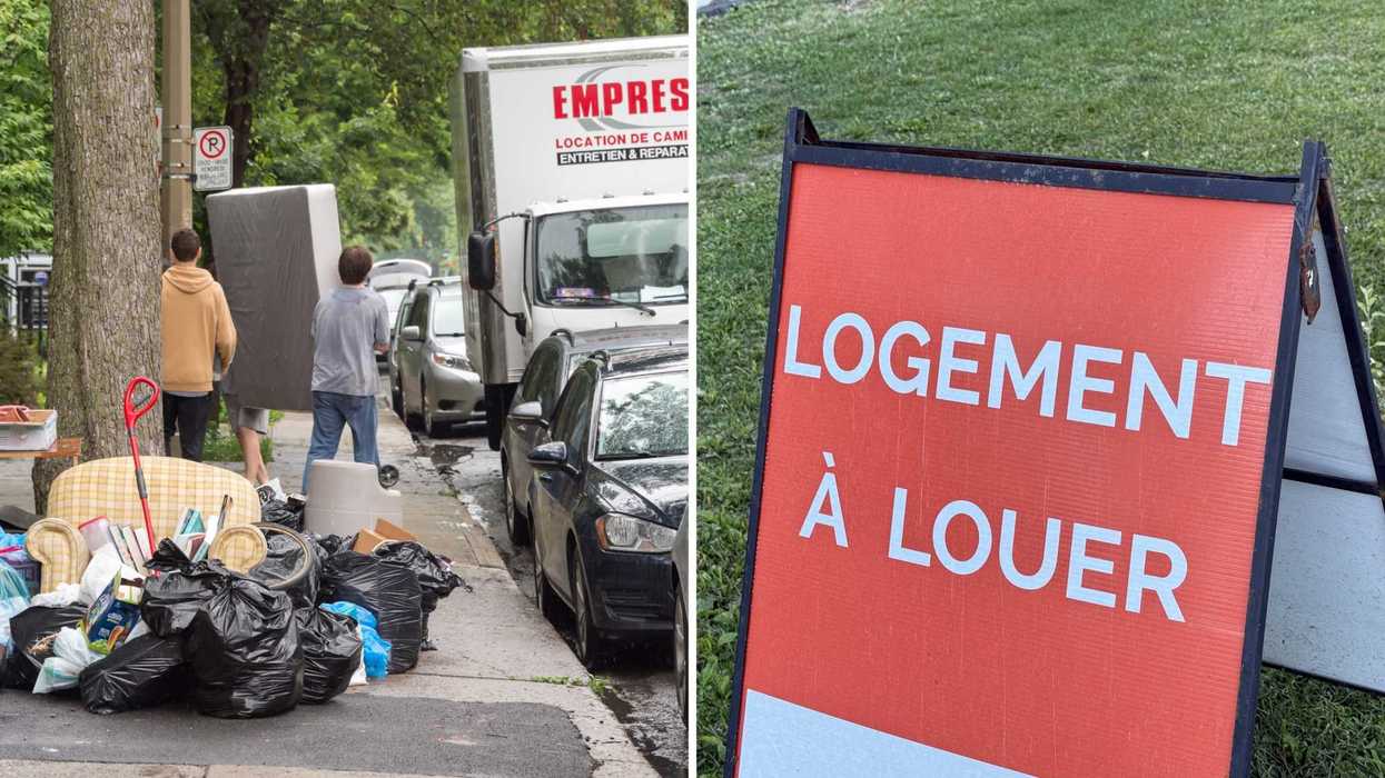 Des personnes qui déménagent. Droite : une affiche « logement à louer ».