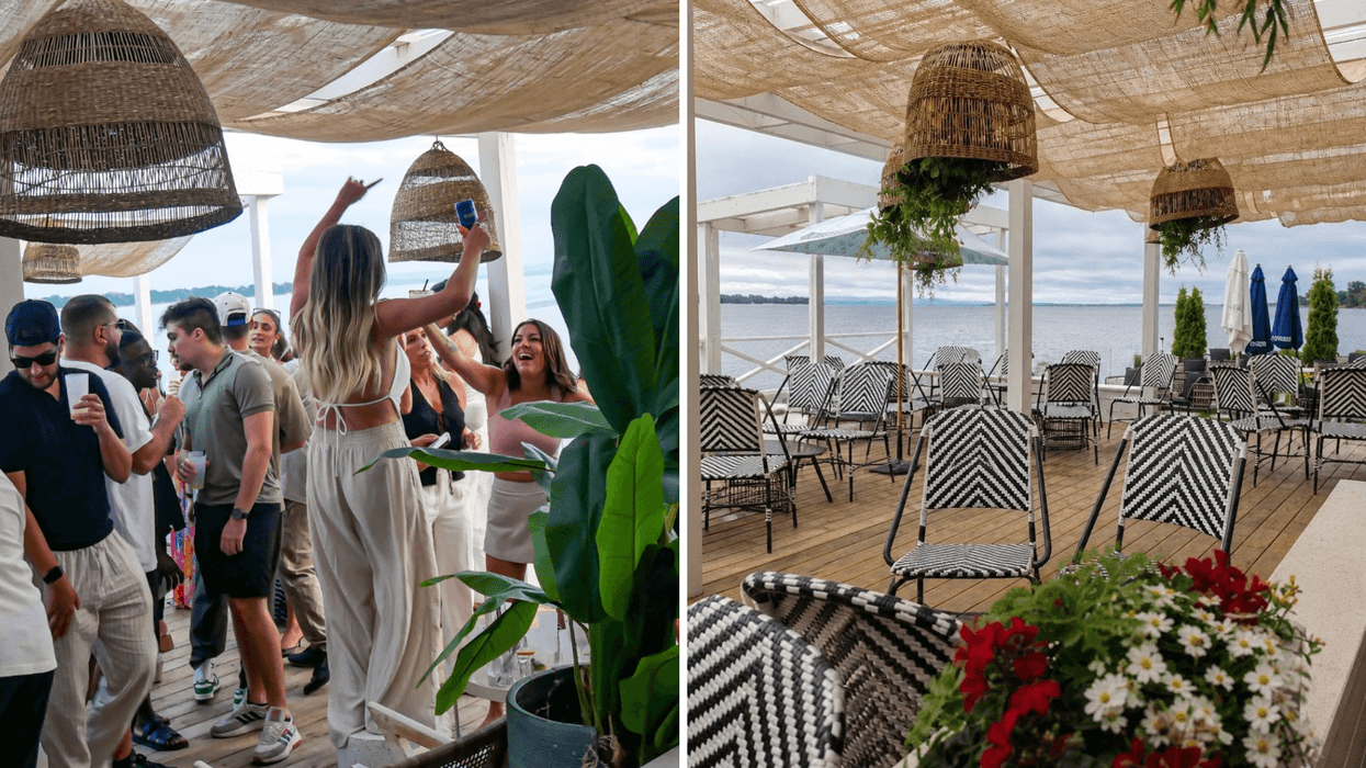 Des personnes qui festoient à La Tropézienne. Droite : Le décor du nouveau café, bar et lounge L'Ancrage à Venise-en-Québec.