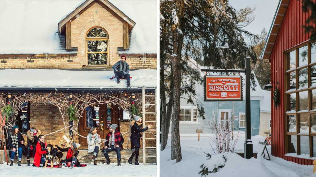 Des personnes sous la neige au Square Old Chelsea. Droite : Le Biscotti Chelsea.