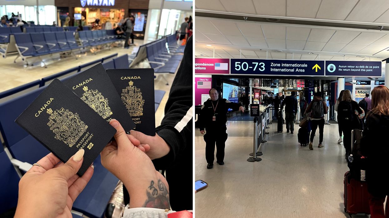 Des personnes tenant des passeports canadiens. Droite : l'intérieur d'un aéroport.