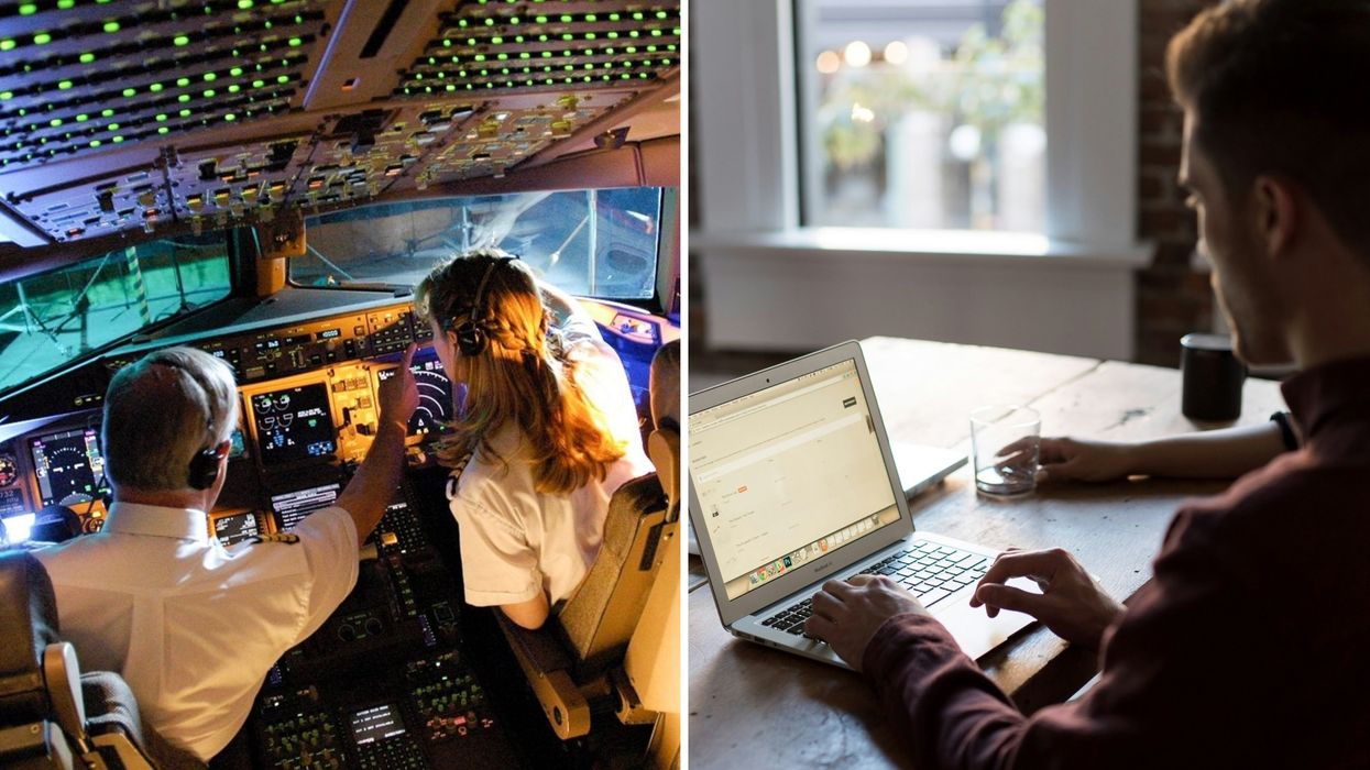 Des pilotes. Droite : un homme à un ordinateur.