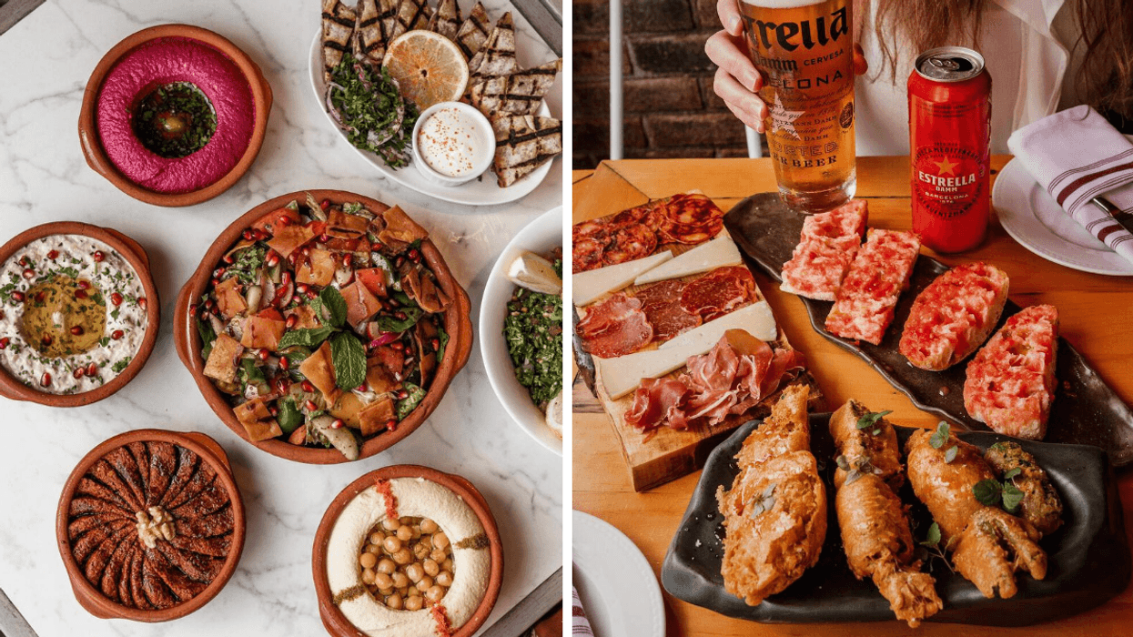 Des plats du restaurant KazaMaza sur une table. Droite : Des plats du restaurant Ibéricos sur une table et une personne tenant une bière.