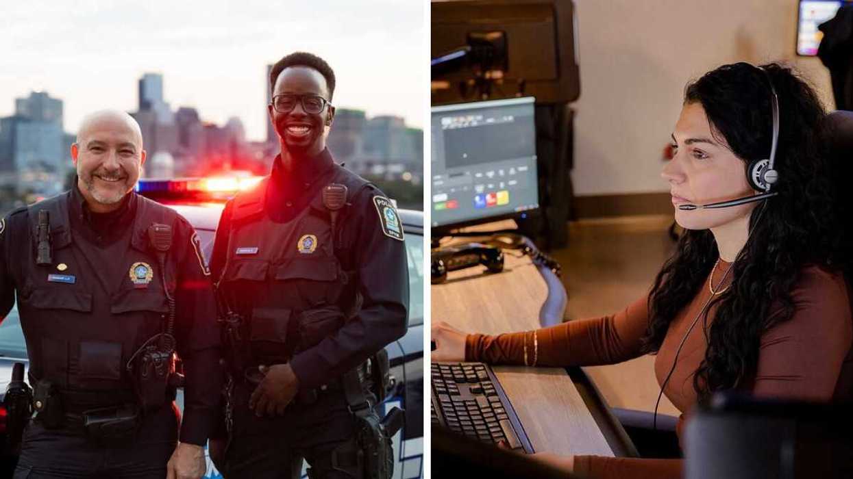 Des policiers de Montréal. Droite : Une préposée aux communications d’urgence à la Centrale 911.