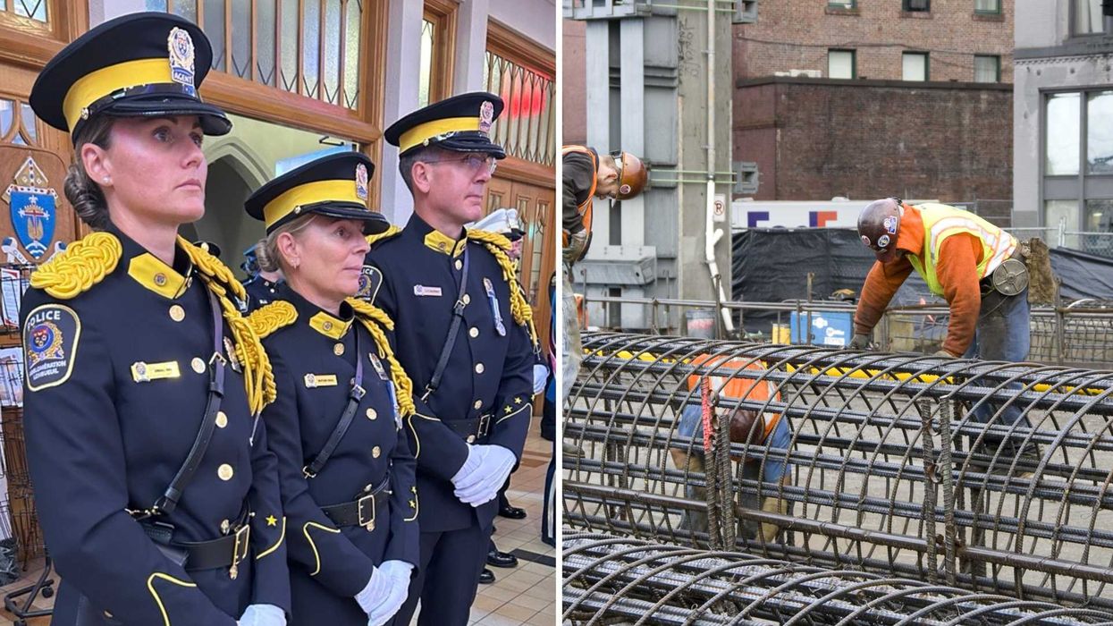 Des policiers. Droite : des travailleurs de la construction.