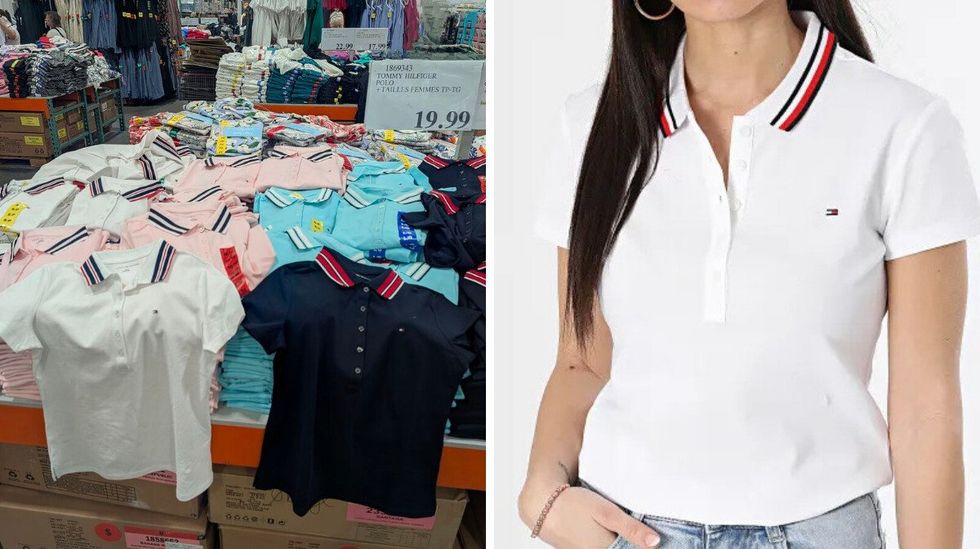 Des polos blancs, roses, turquoise et bleu marine dans le rayon des v\u00eatements chez Costco. Droite : une mannequin qui porte le mod\u00e8le blanc.