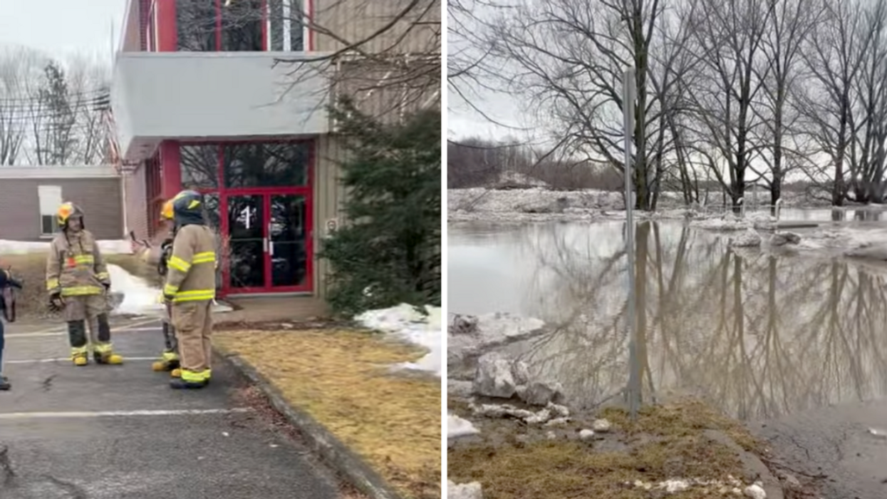 Des pompiers. À droite : la crue des eaux à Nicolet.