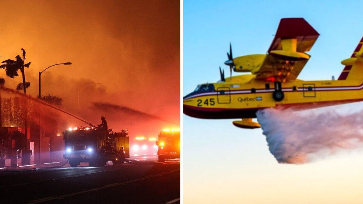 Des pompiers combattant les incendies à Los Angeles. Droite : Un avion de la SOPFEU en Californie.